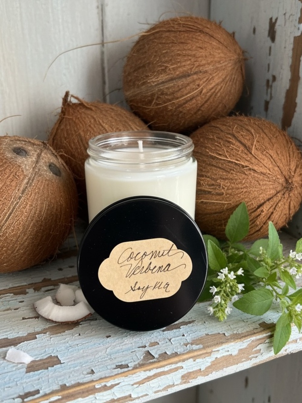 Handmade handpoured 8 oz Soy Coconut Verbena Scented Jar Candle - White
NWT